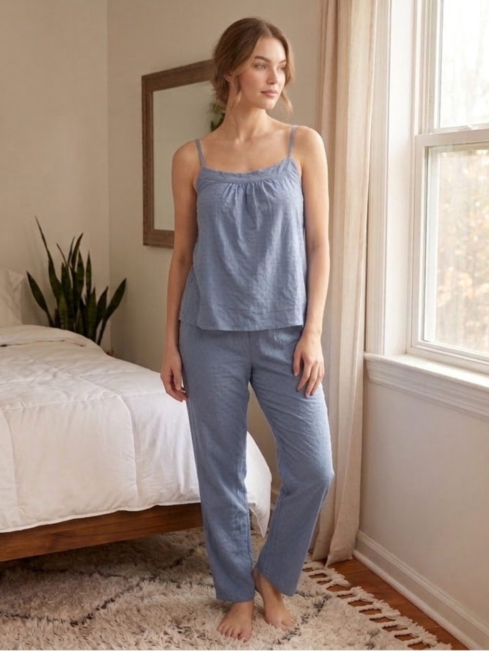 Blue Women's Cotton Sleep Tank and Pant Set